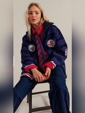 Free People X Frantic Dolomites Ski Cardi - Striped Navy Patchwork